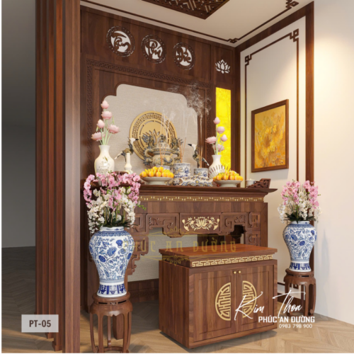 Bàn thờ hiện đại chung cư bằng gỗ tự nhiên với vách ốp gỗ, họa tiết chữ Thọ, đồ thờ gốm sứ và ánh sáng hắt, thiết kế chuẩn phong thủy cho căn hộ chung cư và nhà phố nhỏ.
