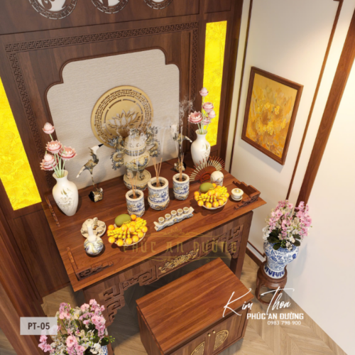 Bàn thờ hiện đại chung cư bằng gỗ tự nhiên với vách ốp gỗ, họa tiết chữ Thọ, đồ thờ gốm sứ và ánh sáng hắt, thiết kế chuẩn phong thủy cho căn hộ chung cư và nhà phố nhỏ.