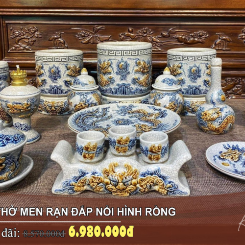 bộ đồ thờ men rạn đắp nổi hình rồng BT-07 trang nghiêm