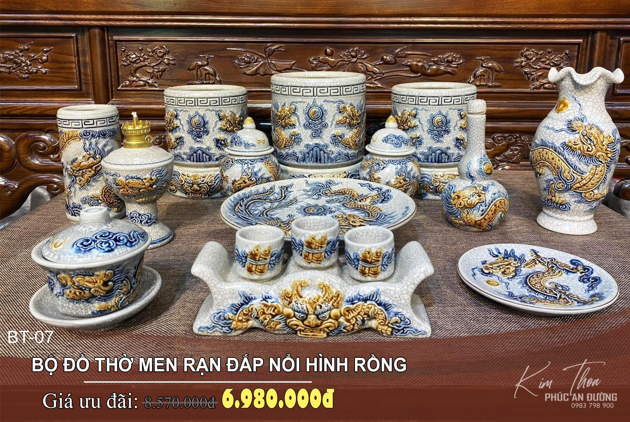 bộ đồ thờ men rạn đắp nổi hình rồng BT-07 trang nghiêm
