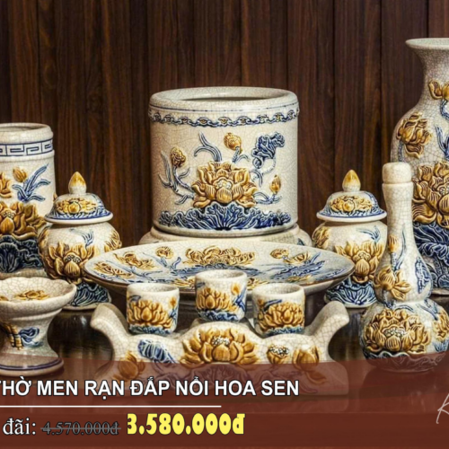 bộ đồ thờ men rạn đắp nổi hoa sen BT-08 trang nhã