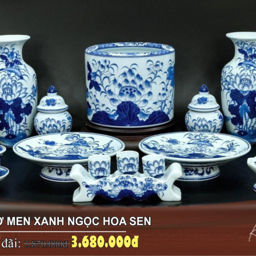 Bộ đồ thờ men xanh ngọc hoa sen BT-13