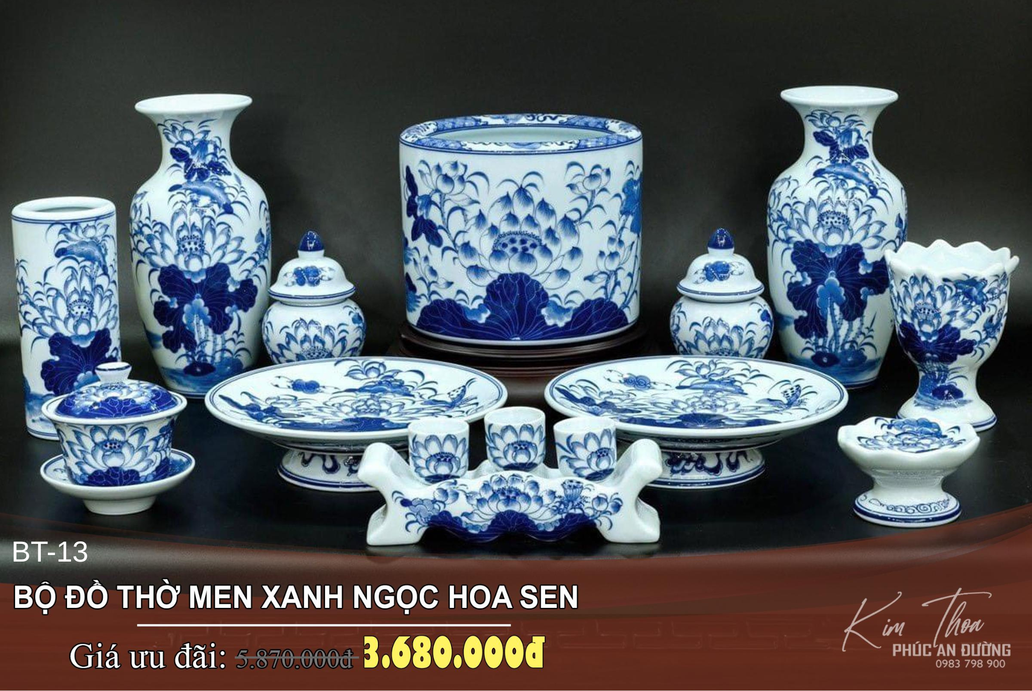 Bộ đồ thờ men xanh ngọc hoa sen BT-13