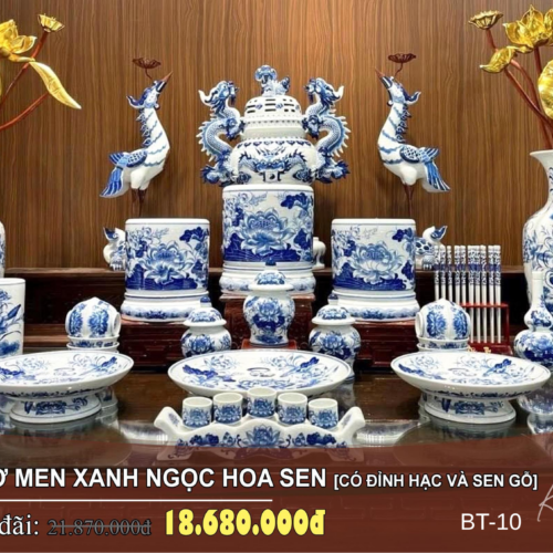 bộ đồ thờ men xanh ngọc hoa sen BT-10 trang nghiêm