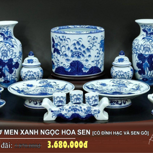 bộ đồ thờ men xanh ngọc hoa sen BT-12 trang nhã