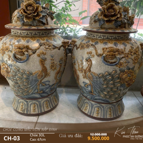 Chóe công mẫu đơn nắp đinh CH-03 gốm thờ cao 67cm