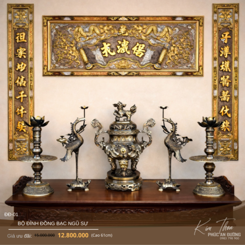 Bộ đỉnh đồng bạc ngũ sự ĐĐ-01 cao 61cm