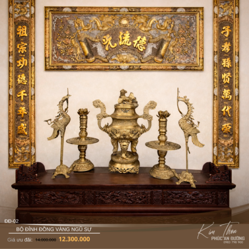 Bộ đỉnh đồng vàng ngũ sự ĐĐ-02 cho bàn thờ gia đình