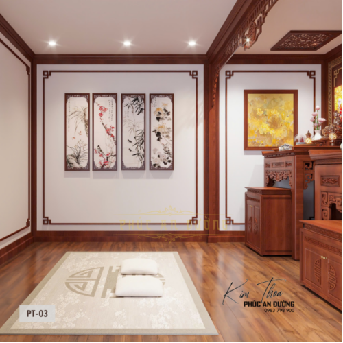 Không gian thờ Phật và thờ gia tiên hiện đại với bàn thờ gỗ tự nhiên, vách CNC, tranh Phật, tranh trúc chỉ và hệ tủ thờ sang trọng, phù hợp nhà phố và biệt thự.