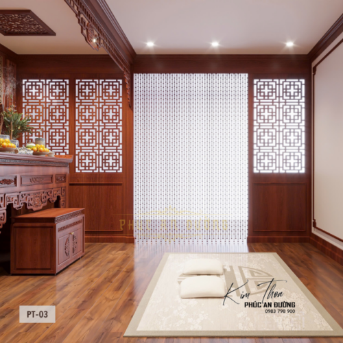 Không gian thờ Phật và thờ gia tiên hiện đại với bàn thờ gỗ tự nhiên, vách CNC, tranh Phật, tranh trúc chỉ và hệ tủ thờ sang trọng, phù hợp nhà phố và biệt thự.