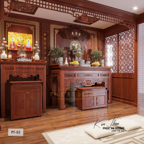 Không gian thờ Phật và thờ gia tiên hiện đại với bàn thờ gỗ tự nhiên, vách CNC, tranh Phật, tranh trúc chỉ và hệ tủ thờ sang trọng, phù hợp nhà phố và biệt thự.