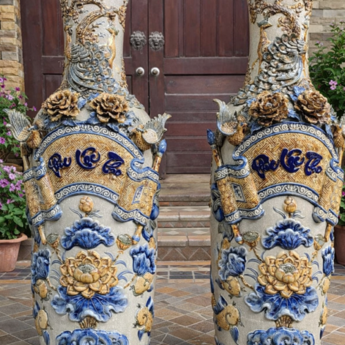 Lộc bình gốm sứ công sen đắp nổi LB-03 cao 1,5m