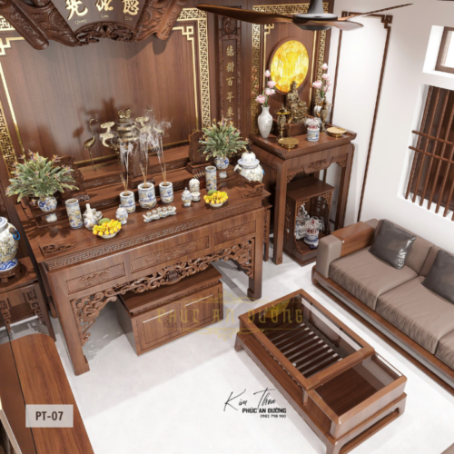 Mẫu phòng khách kết hợp phòng thờ hiện đại PT-07 với bàn thờ gỗ tự nhiên, bàn thờ Phật riêng, sofa gỗ, bàn trà và trần gỗ hiện đại, thiết kế chuẩn phong thủy cho nhà phố và biệt thự.