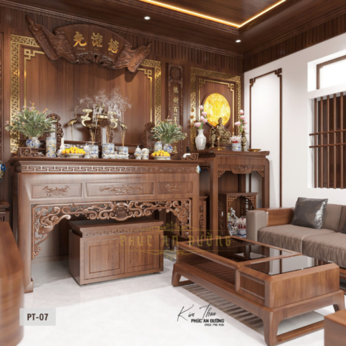 Mẫu phòng khách kết hợp phòng thờ hiện đại PT-07 với bàn thờ gỗ tự nhiên, bàn thờ Phật riêng, sofa gỗ, bàn trà và trần gỗ hiện đại, thiết kế chuẩn phong thủy cho nhà phố và biệt thự.