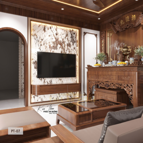 Mẫu phòng khách kết hợp phòng thờ hiện đại PT-07 với bàn thờ gỗ tự nhiên, bàn thờ Phật riêng, sofa gỗ, bàn trà và trần gỗ hiện đại, thiết kế chuẩn phong thủy cho nhà phố và biệt thự.