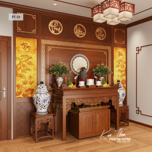 Mẫu phòng thờ đẹp PT-19 chuẩn phong thủy cho nhà phố với bàn thờ gỗ tự nhiên, tranh trúc chỉ, vách CNC hoa sen, hệ Phúc Lộc Thọ và không gian thờ cúng sang trọng.