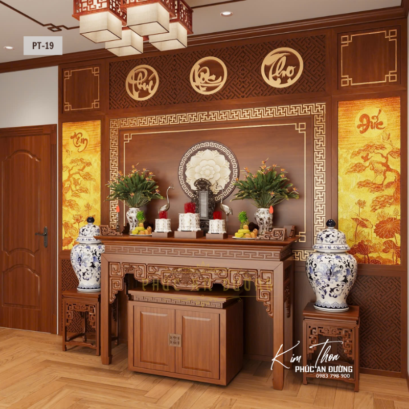 Mẫu phòng thờ đẹp PT-19 chuẩn phong thủy cho nhà phố với bàn thờ gỗ tự nhiên, tranh trúc chỉ, vách CNC hoa sen, hệ Phúc Lộc Thọ và không gian thờ cúng sang trọng.