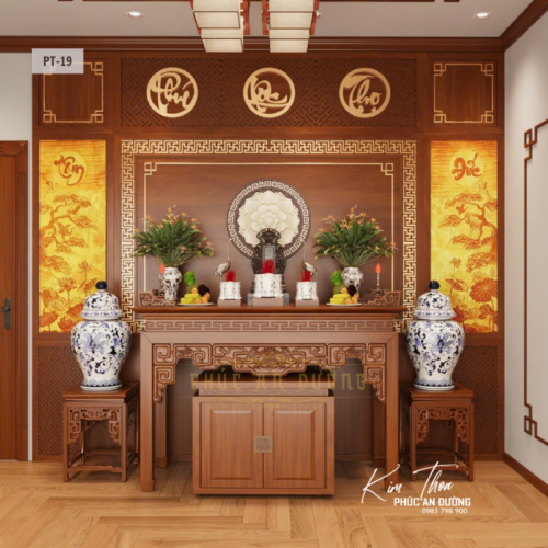 Mẫu phòng thờ đẹp PT-19 chuẩn phong thủy cho nhà phố với bàn thờ gỗ tự nhiên, tranh trúc chỉ, vách CNC hoa sen, hệ Phúc Lộc Thọ và không gian thờ cúng sang trọng.