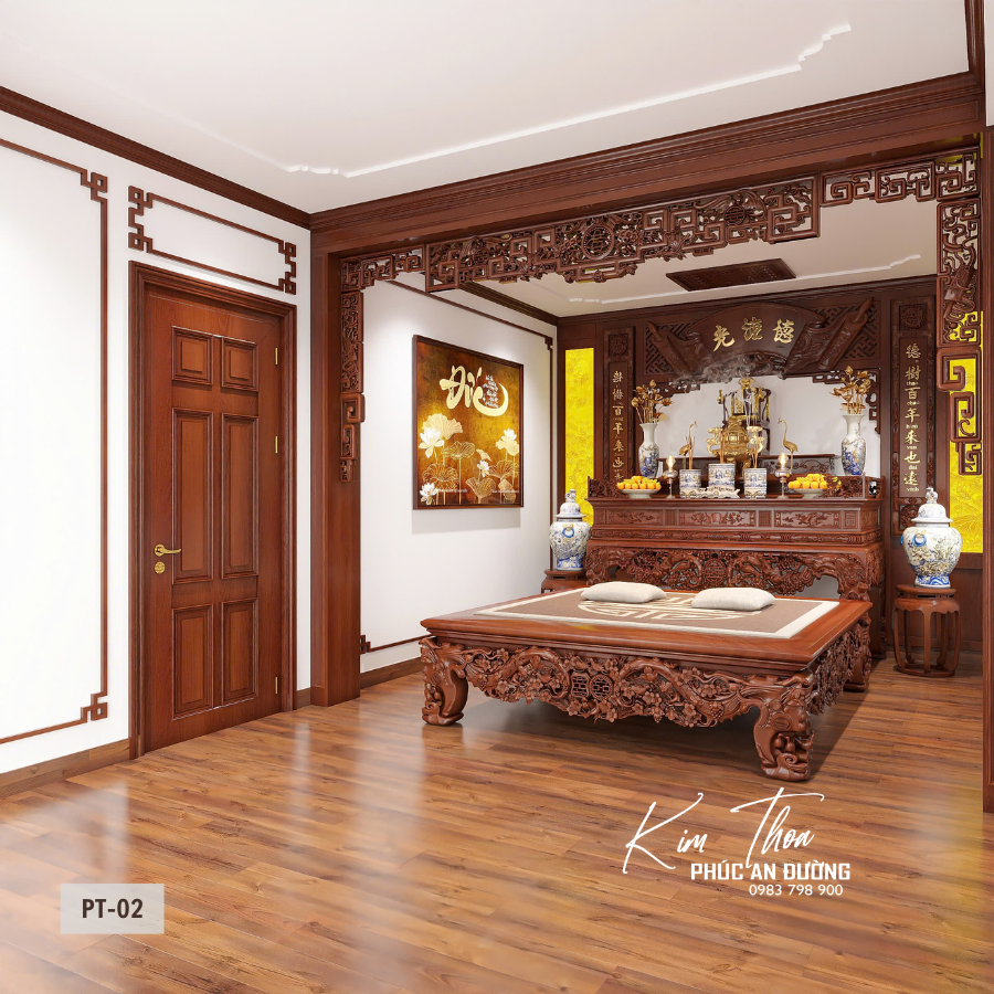 Mẫu phòng thờ hiện đại PT-02 cho nhà phố và biệt thự với thiết kế sang trọng, bàn thờ gỗ tự nhiên, cửa võng, tranh trúc chỉ và hệ vách gỗ chuẩn phong thủy.