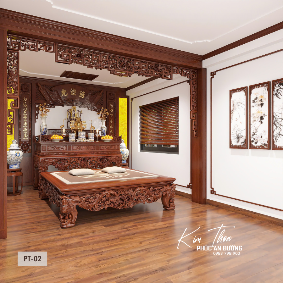 Mẫu phòng thờ hiện đại PT-02 cho nhà phố và biệt thự với thiết kế sang trọng, bàn thờ gỗ tự nhiên, cửa võng, tranh trúc chỉ và hệ vách gỗ chuẩn phong thủy.