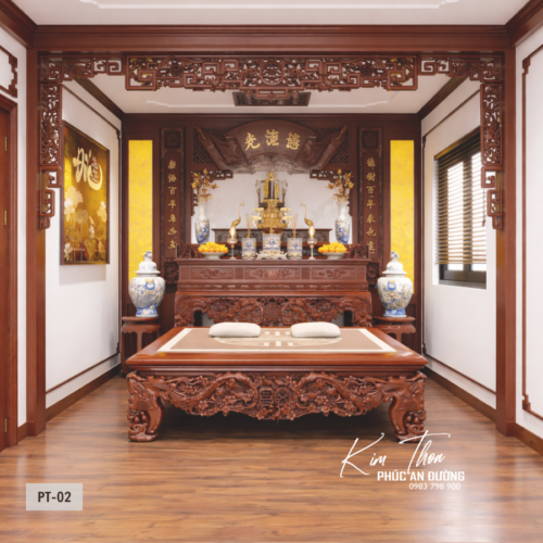 Mẫu phòng thờ hiện đại PT-02 cho nhà phố và biệt thự với thiết kế sang trọng, bàn thờ gỗ tự nhiên, cửa võng, tranh trúc chỉ và hệ vách gỗ chuẩn phong thủy.