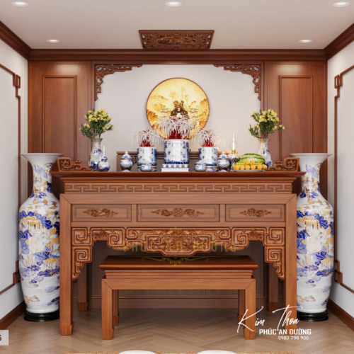 Mẫu phòng thờ hiện đại PT-16 đẹp chuẩn phong thủy cho nhà phố với bàn thờ gỗ tự nhiên, tranh tròn hoa sen, lộc bình gốm sứ và không gian thờ sang trọng.
