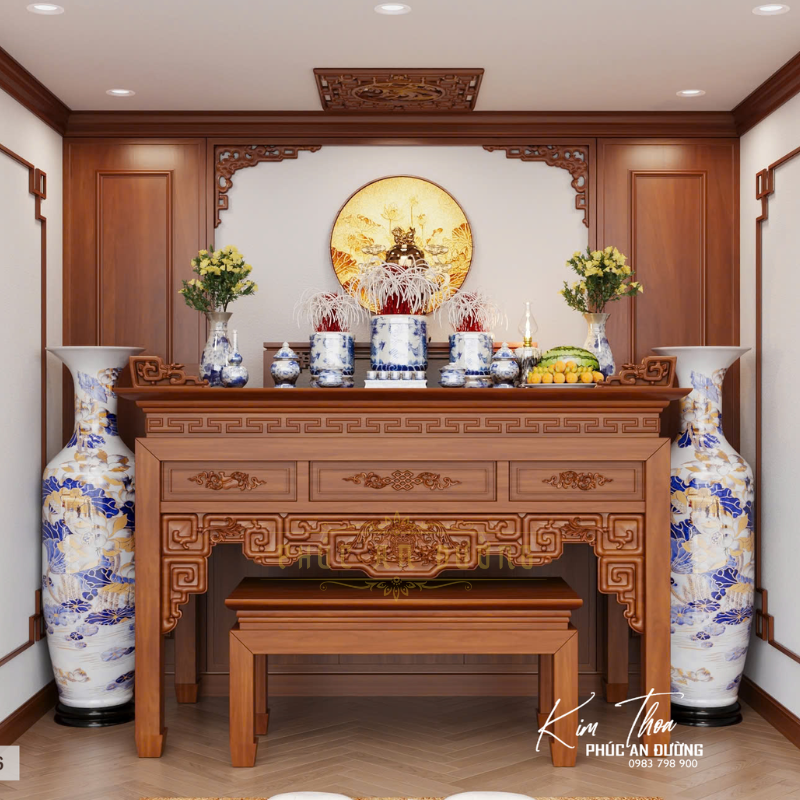 Mẫu phòng thờ hiện đại PT-16 đẹp chuẩn phong thủy cho nhà phố với bàn thờ gỗ tự nhiên, tranh tròn hoa sen, lộc bình gốm sứ và không gian thờ sang trọng.