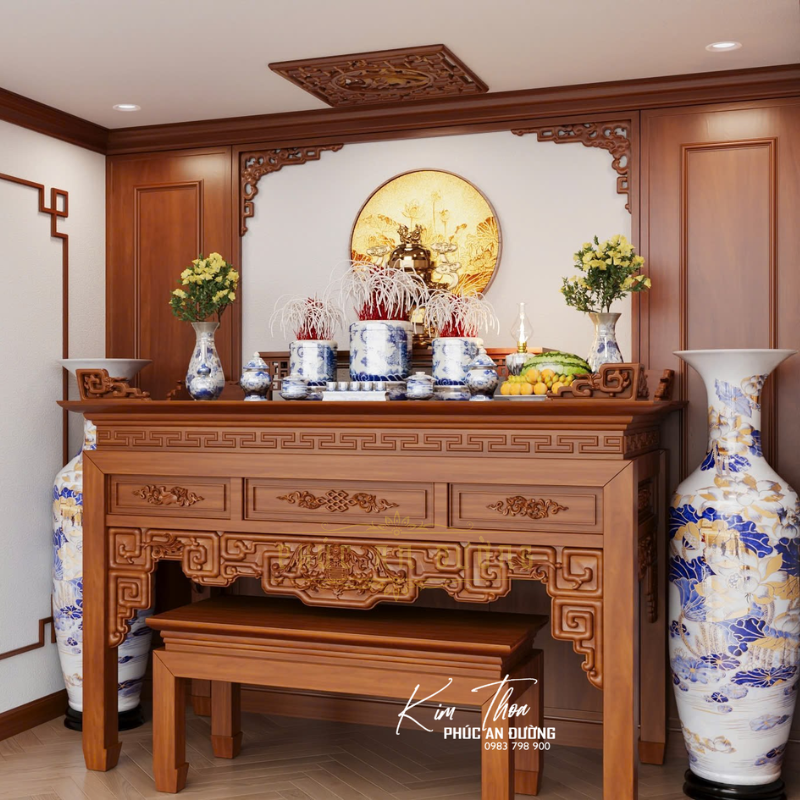Mẫu phòng thờ hiện đại PT-16 đẹp chuẩn phong thủy cho nhà phố với bàn thờ gỗ tự nhiên, tranh tròn hoa sen, lộc bình gốm sứ và không gian thờ sang trọng.