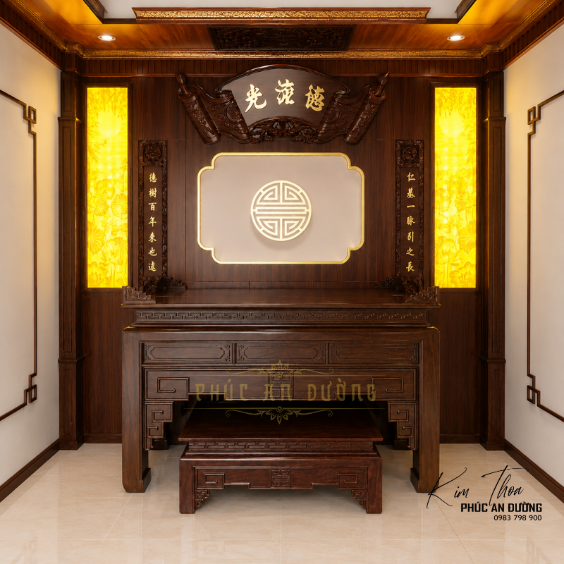 Mẫu phòng thờ hiện đại tối giản bằng gỗ tự nhiên với hoành phi Đức Lưu Quang, tranh trúc chỉ hoa sen, vách hậu chữ Thọ và bàn thờ chuẩn phong thủy cho nhà phố, biệt thự.