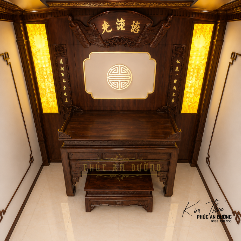Mẫu phòng thờ hiện đại tối giản bằng gỗ tự nhiên với hoành phi Đức Lưu Quang, tranh trúc chỉ hoa sen, vách hậu chữ Thọ và bàn thờ chuẩn phong thủy cho nhà phố, biệt thự.