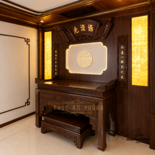 Mẫu phòng thờ hiện đại tối giản bằng gỗ tự nhiên với hoành phi Đức Lưu Quang, tranh trúc chỉ hoa sen, vách hậu chữ Thọ và bàn thờ chuẩn phong thủy cho nhà phố, biệt thự.