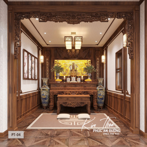 Mẫu phòng thờ PT-04 phong cách truyền thống với hệ vách gỗ và ánh sáng vàng dịu chuẩn phong thủy