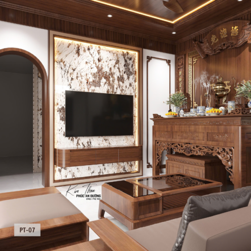 Mẫu phòng thờ gia đình PT-07 truyền thống, ánh sáng vàng dịu