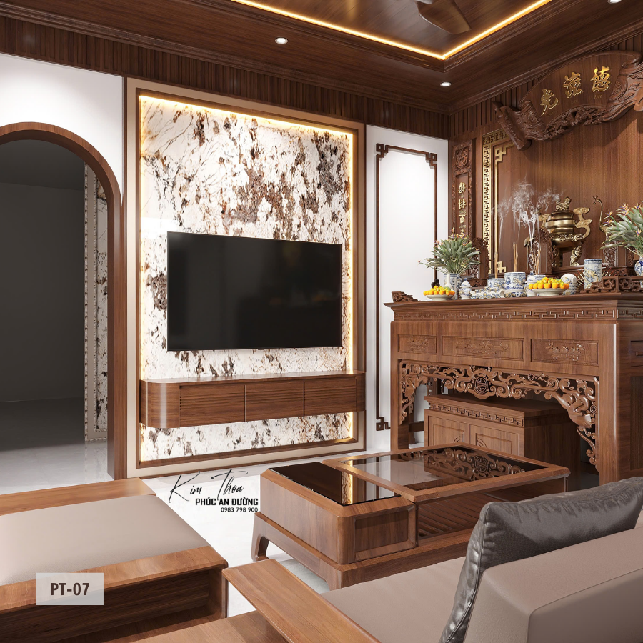 Mẫu phòng thờ gia đình PT-07 truyền thống, ánh sáng vàng dịu