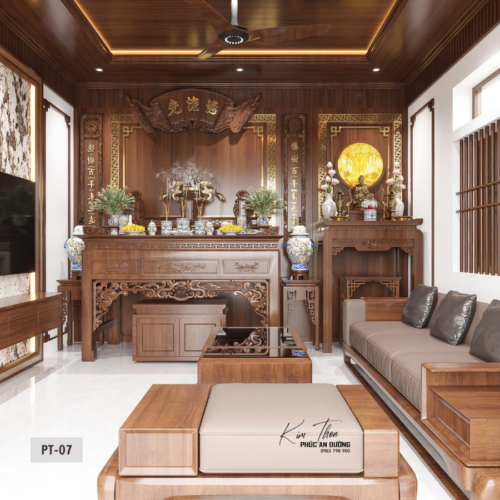 Mẫu phòng thờ gia đình PT-07 truyền thống, ánh sáng vàng dịu