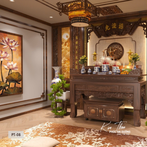 Phòng thờ PT-08 truyền thống với bàn thờ gỗ tự nhiên, bố cục chuẩn phong thủy