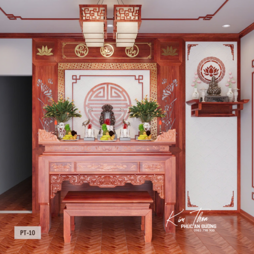 hòng thờ PT-10 gỗ tự nhiên tông đỏ với bố cục truyền thống