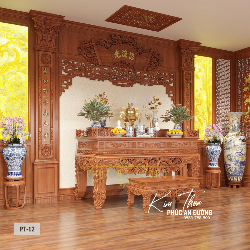 Phòng thờ biệt thự phong cách Á Đông đương đại PT-12 bằng gỗ tự nhiên cao cấp, nổi bật với hệ cột gỗ, cửa võng chạm khắc, tranh trúc chỉ hoa sen và bố cục đối xứng chuẩn phong thủy, phù hợp biệt thự, nhà vườn và nhà mái Nhật.