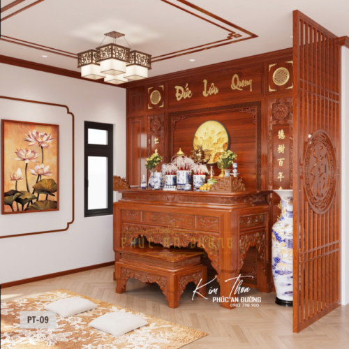 Phòng thờ phong cách Á Đông hiện đại PT-09 với bàn thờ gỗ tự nhiên chạm khắc, vách gỗ ốp kín, tranh tròn hoa sen, cửa lùa nan gỗ và lộc bình gốm sứ, thiết kế chuẩn phong thủy cho biệt thự cao cấp.