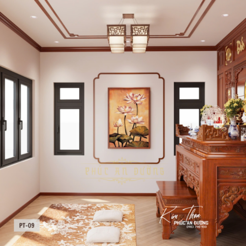 Phòng thờ phong cách Á Đông hiện đại PT-09 với bàn thờ gỗ tự nhiên chạm khắc, vách gỗ ốp kín, tranh tròn hoa sen, cửa lùa nan gỗ và lộc bình gốm sứ, thiết kế chuẩn phong thủy cho biệt thự cao cấp.
