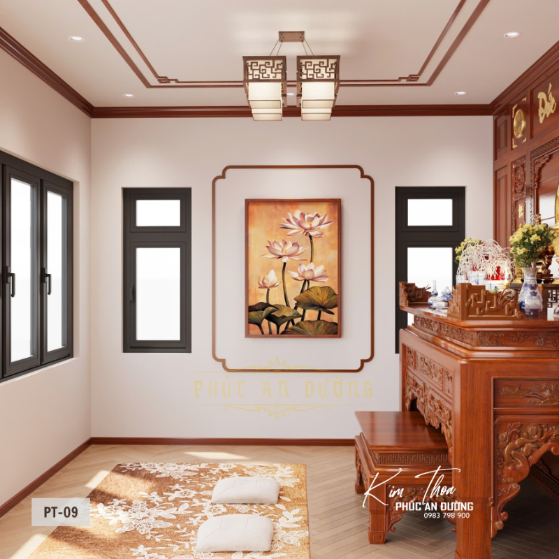Phòng thờ phong cách Á Đông hiện đại PT-09 với bàn thờ gỗ tự nhiên chạm khắc, vách gỗ ốp kín, tranh tròn hoa sen, cửa lùa nan gỗ và lộc bình gốm sứ, thiết kế chuẩn phong thủy cho biệt thự cao cấp.