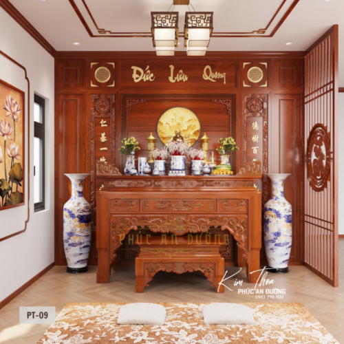 Phòng thờ phong cách Á Đông hiện đại PT-09 với bàn thờ gỗ tự nhiên chạm khắc, vách gỗ ốp kín, tranh tròn hoa sen, cửa lùa nan gỗ và lộc bình gốm sứ, thiết kế chuẩn phong thủy cho biệt thự cao cấp.