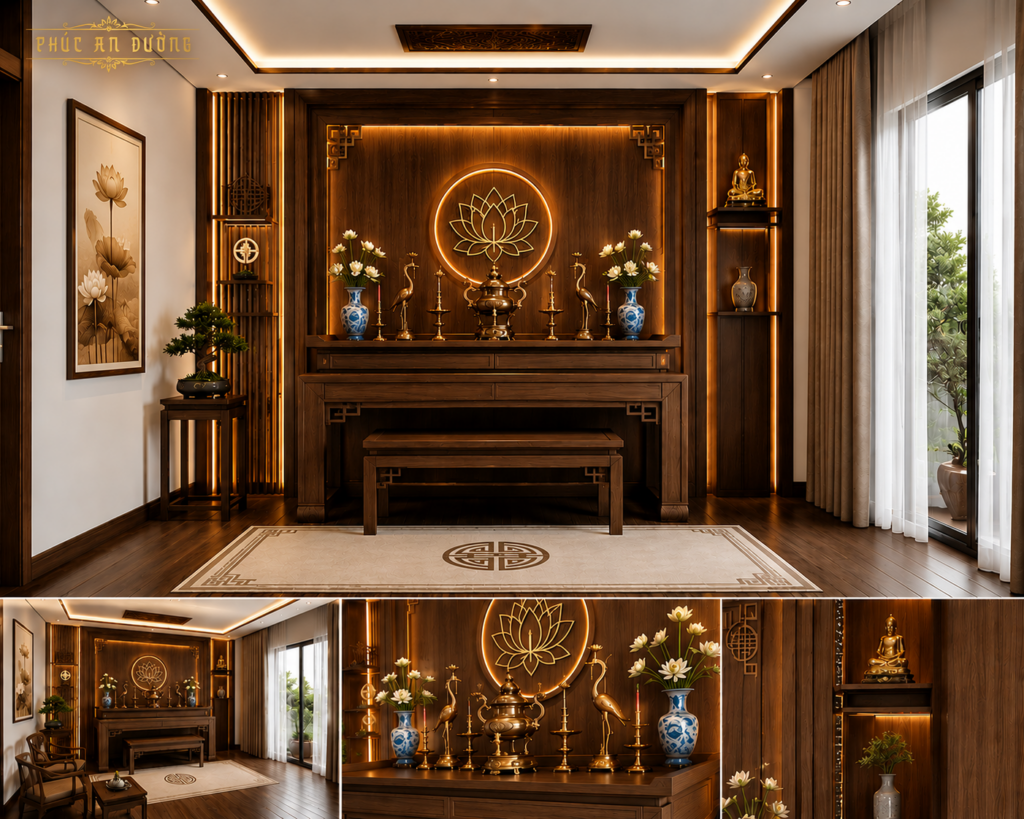 Thiết kế phòng thờ theo phong cách hiện đại (Modern) với tường ốp gỗ sang trọng, ánh sáng vàng ấm và bố cục tối giản tinh tế. Không gian phòng thờ Việt Nam hiện đại kết hợp bàn thờ gỗ tự nhiên, họa tiết hoa sen và đèn LED âm tạo cảm giác trang nghiêm, ấm cúng và đẳng cấp.