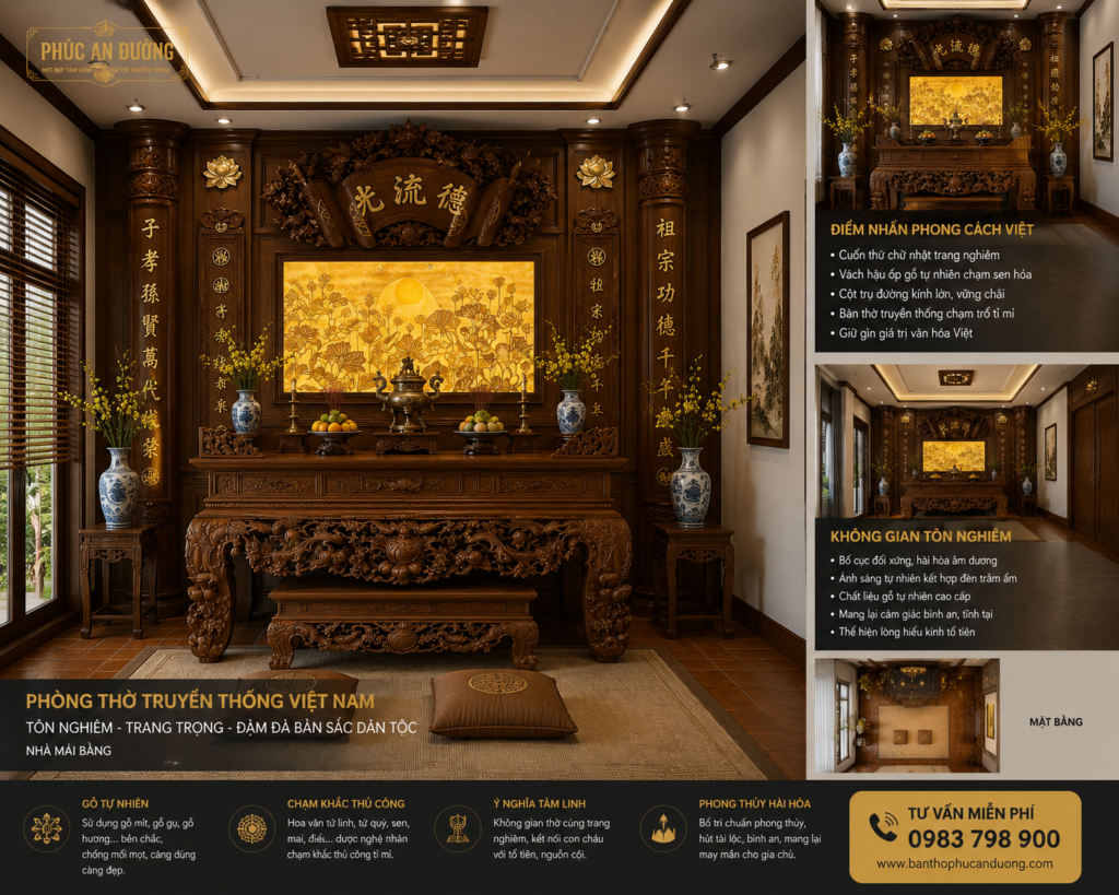 Thiết kế phòng thờ phong cách tân cổ điển với bàn thờ gỗ tự nhiên chạm khắc tinh xảo, cuốn thư câu đối truyền thống và hệ vách hậu ốp gỗ sang trọng. Không gian mang vẻ đẹp trang nghiêm, đẳng cấp, kết hợp hài hòa giữa kiến trúc tân cổ điển châu Âu và văn hóa thờ cúng Việt Nam, phù hợp cho biệt thự, nhà phố và nhà mái bằng hiện đại.