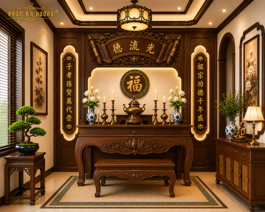 Thiết kế phòng thờ phong cách Indochina sang trọng với chất liệu gỗ tự nhiên cao cấp, kết hợp cuốn thư câu đối đục nổi thủ công, họa tiết Á Đông và ánh sáng vàng ấm tạo không gian thờ cúng trang nghiêm, đậm bản sắc văn hóa Việt.