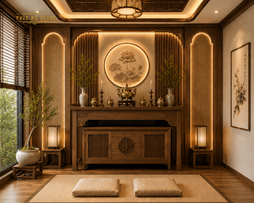 Thiết kế phòng thờ phong cách Japandi với tone gỗ walnut sang trọng, kết hợp ánh sáng vàng ấm và hệ vách cong mềm mại tạo cảm giác thư thái, trang nghiêm. Không gian nổi bật với tranh hoa sen nghệ thuật, bàn thờ gỗ hiện đại và đồ thờ truyền thống Việt Nam, phù hợp cho nhà phố và biệt thự hiện đại.