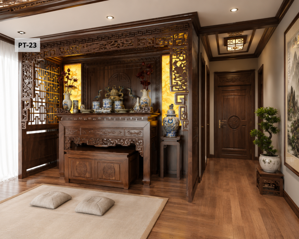 Mẫu thiết kế phòng thờ nhà phố đẹp sang trọng, kết hợp gỗ tự nhiên, tranh trúc chỉ và hệ vách thờ cao cấp. Không gian thờ cúng chuẩn phong thủy, tối ưu diện tích và thể hiện nét đẹp tâm linh Việt. Thiết kế thi công bởi Phúc An Đường.
