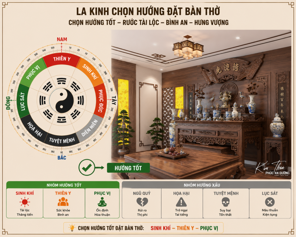 Vị trí đặt bàn thờ là yếu tố quan trọng ảnh hưởng đến tính trang nghiêm, thẩm mỹ và phong thủy của không gian thờ cúng. Bàn thờ nên được bố trí tại vị trí yên tĩnh, sạch sẽ, có điểm tựa vững chắc phía sau và phù hợp với hướng tốt của gia chủ. Việc lựa chọn đúng vị trí đặt bàn thờ không chỉ giúp không gian thờ cúng trở nên hài hòa mà còn góp phần thu hút vượng khí, mang lại bình an và may mắn cho gia đình. Phúc An Đường tư vấn thiết kế phòng thờ và bố trí bàn thờ chuẩn phong thủy cho nhà phố, chung cư, biệt thự và nhà thờ họ trên toàn quốc.