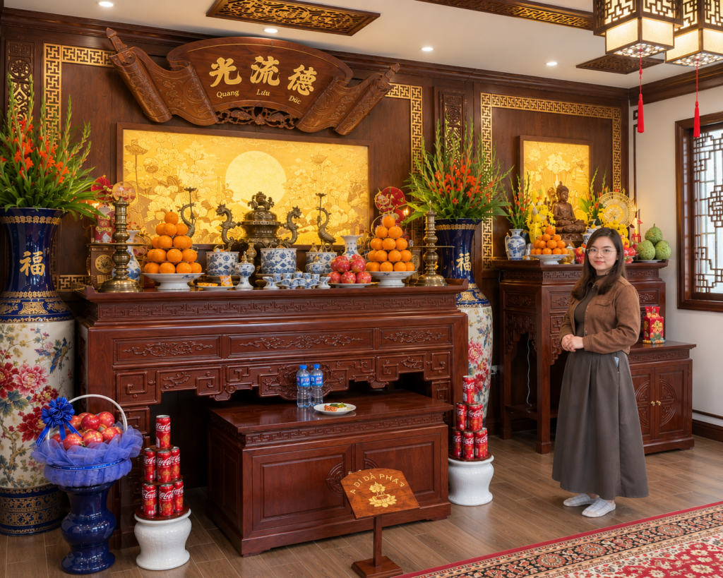 Thiết kế phòng thờ biệt thự đẹp, sang trọng với bàn thờ gỗ tự nhiên, tranh trúc chỉ và vách trang trí cao cấp. Thi công trọn gói bởi Phúc An Đường.