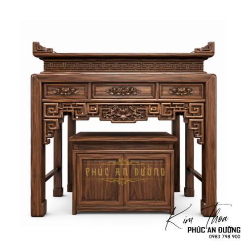Mẫu bàn thờ đứng BTD-28 thiết kế sang trọng với hoa sen dát màu nổi bật, phù hợp chung cư, nhà phố và phòng thờ nhỏ. Thiết kế hài hòa giữa truyền thống và hiện đại, sản xuất theo yêu cầu tại Phúc An Đường.